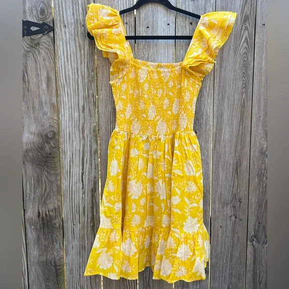 MILLE Bea Yellow and white Ruffle Sleeve Smocked Bodice Mini Dress Women’s Small - Picture 4 of 11